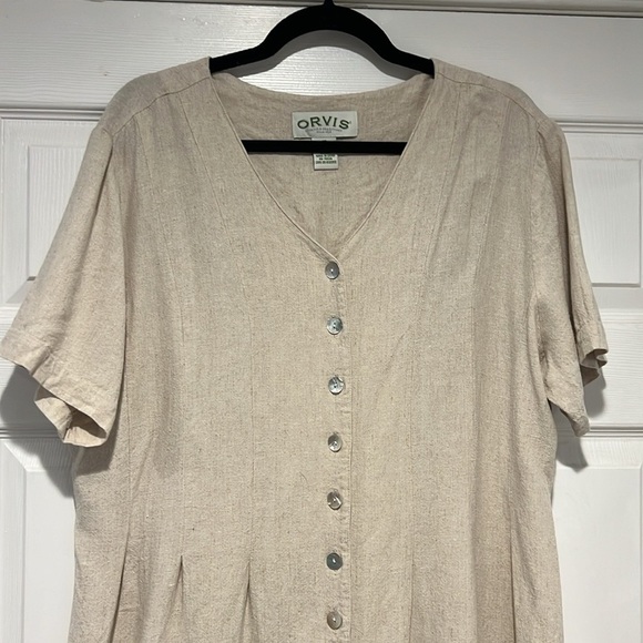 Orvis tan v neck shell button down linen blend short sleeve maxi dress size 18 - Picture 3 of 7